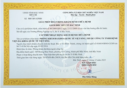 Giấy phép hoạt động của phòng khám đa khoa quốc tế Việt Sing
